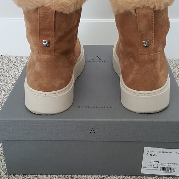 $495 Aquatalia Lavina Suede Weatherproof Ankle Platform Boot Faux Fur Beige 9.5 - Picture 7 of 12